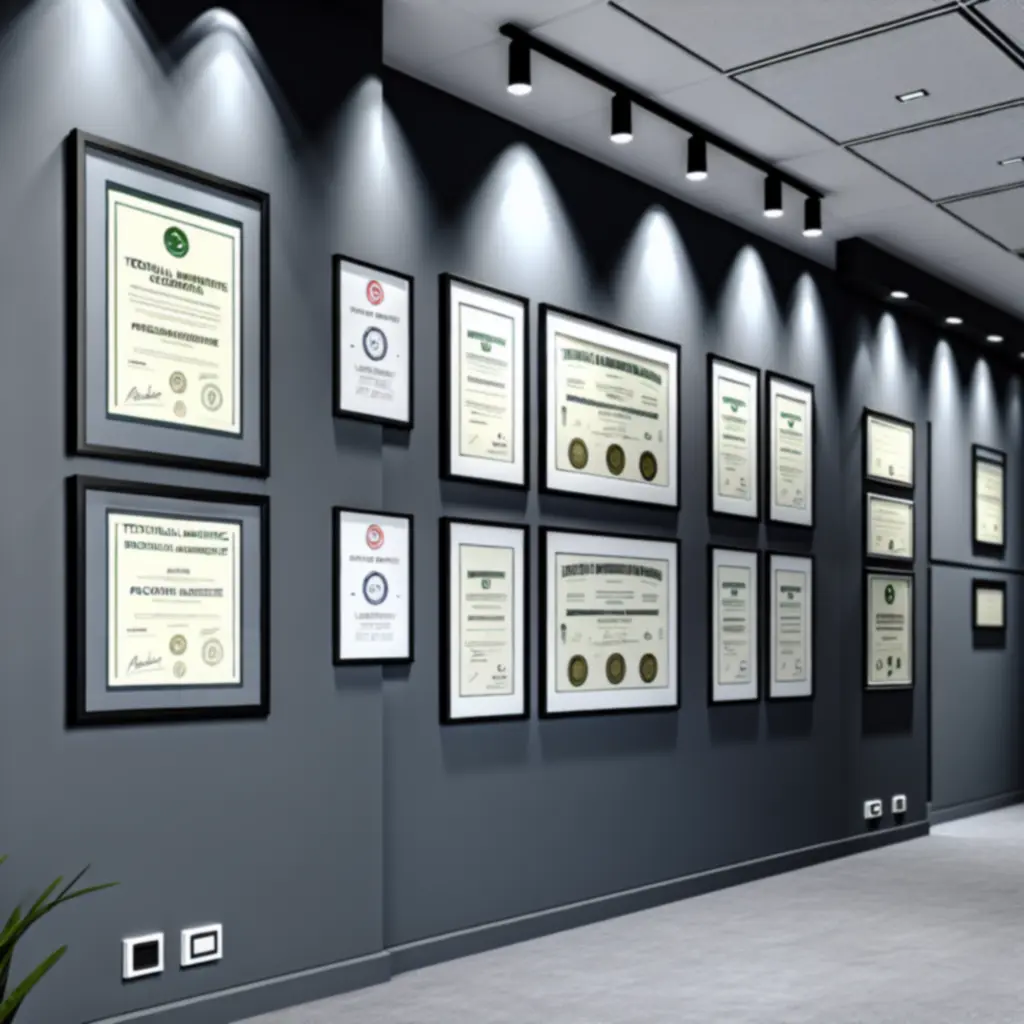 Ściana z ramkami certyfikatów i akredytacji UrbanMaintenancePL