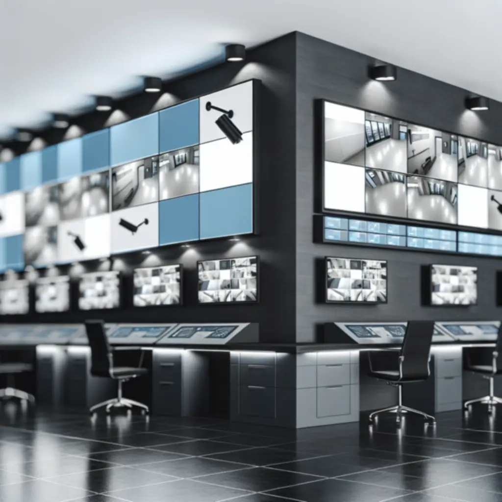 Nowoczesne centrum monitoringu wizyjnego z ekranami CCTV